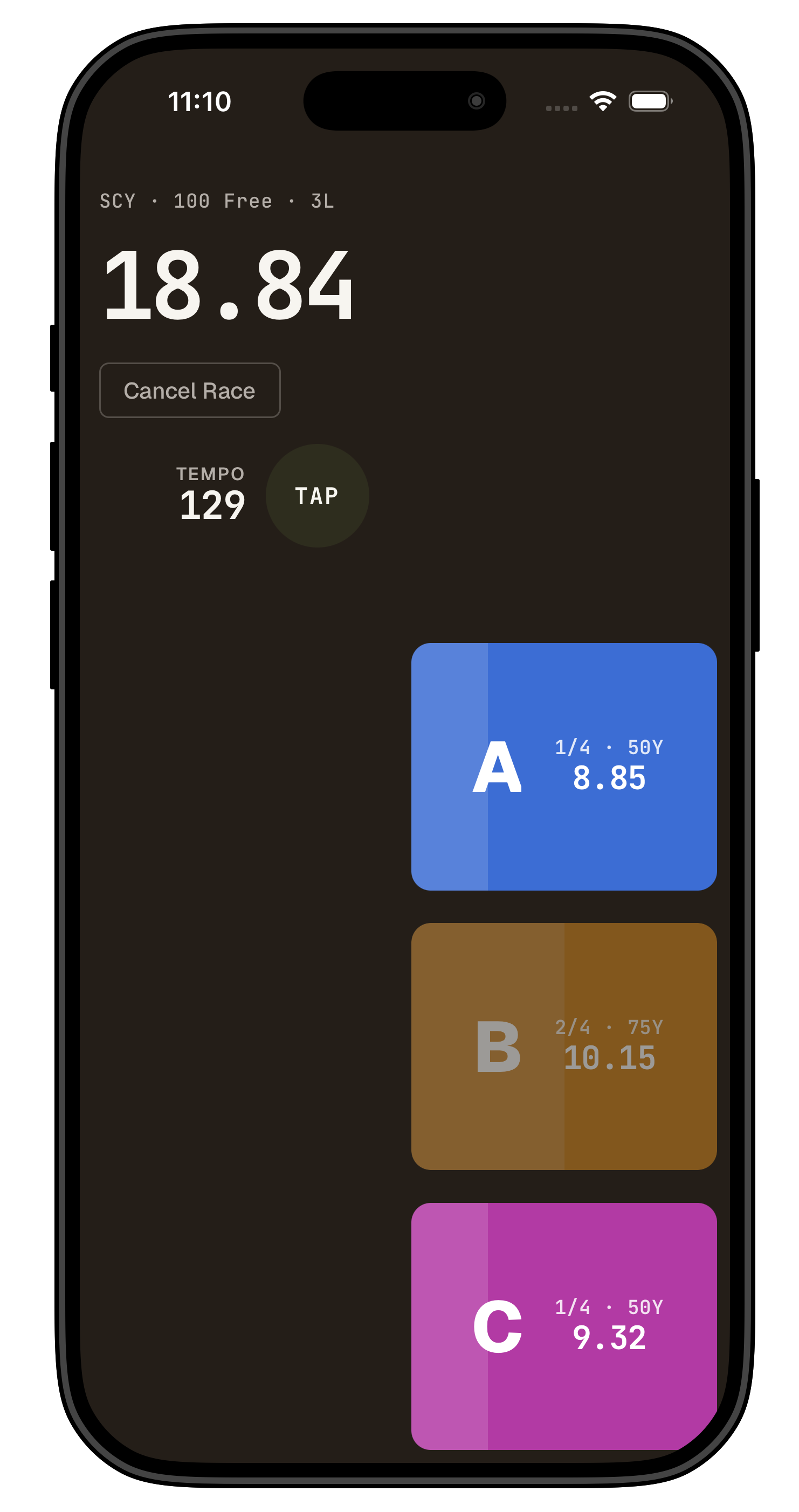 Touchpad app — split stopwatch timing three lanes at once